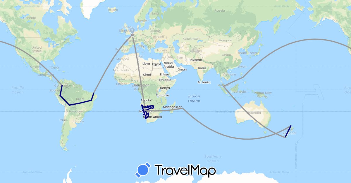 TravelMap itinerary: driving, plane in Bolivia, Brazil, Botswana, Colombia, France, Mauritius, Malaysia, Namibia, New Zealand, Peru, Philippines, South Africa, Zimbabwe (Africa, Asia, Europe, Oceania, South America)